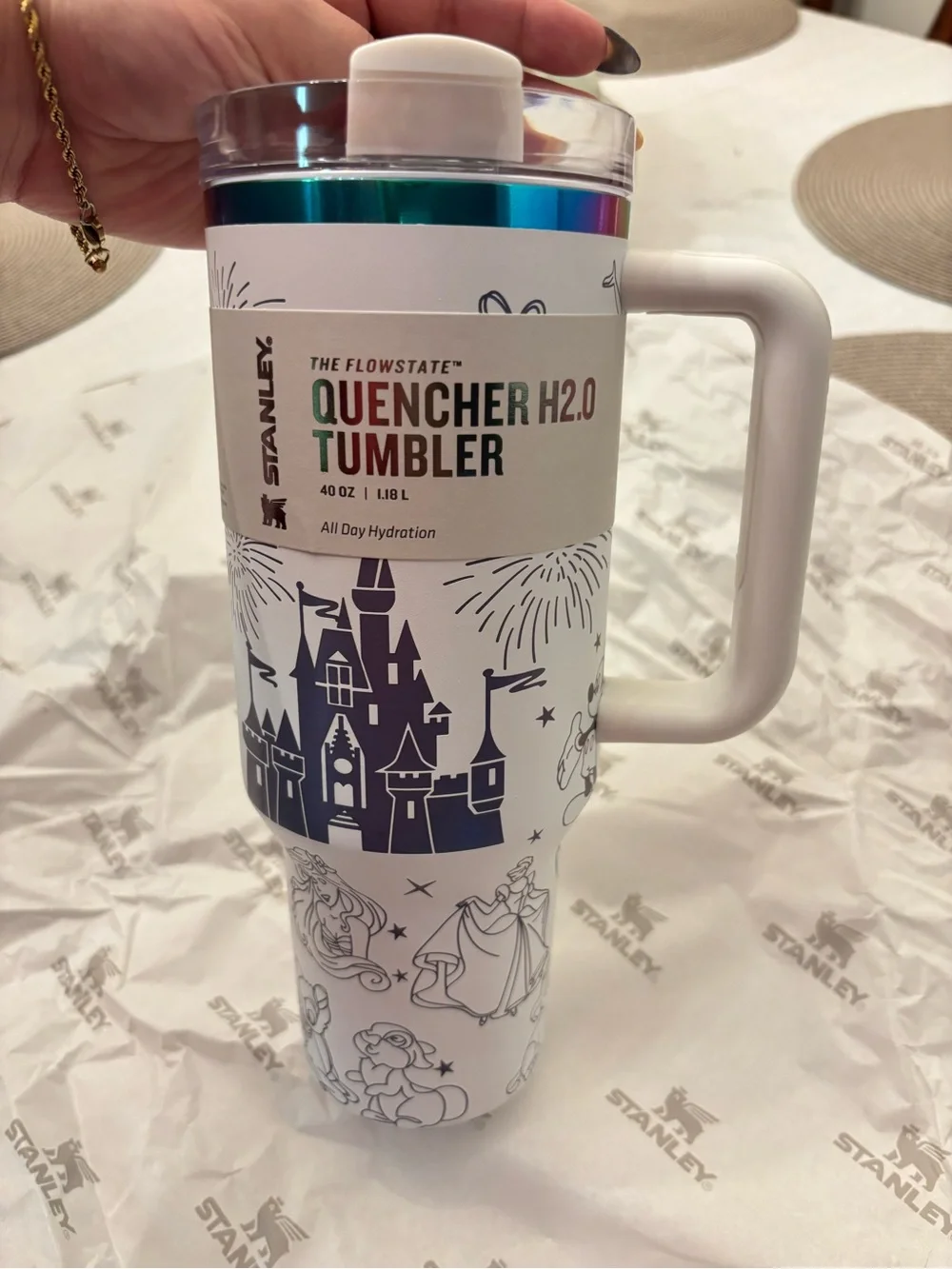 Stanley White Quencher Tumbler with Navy Castle & Character Artwork